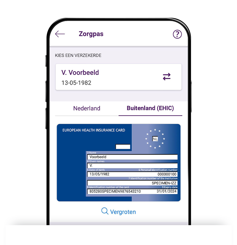 Afbeelding zorgpas in de app
